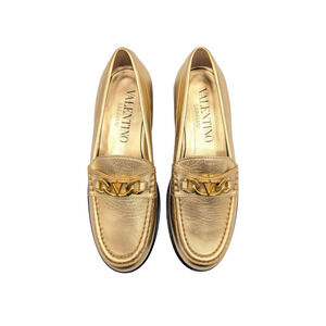 Valentino Garavani Gold Leather V Logo Loafers Size 37.5